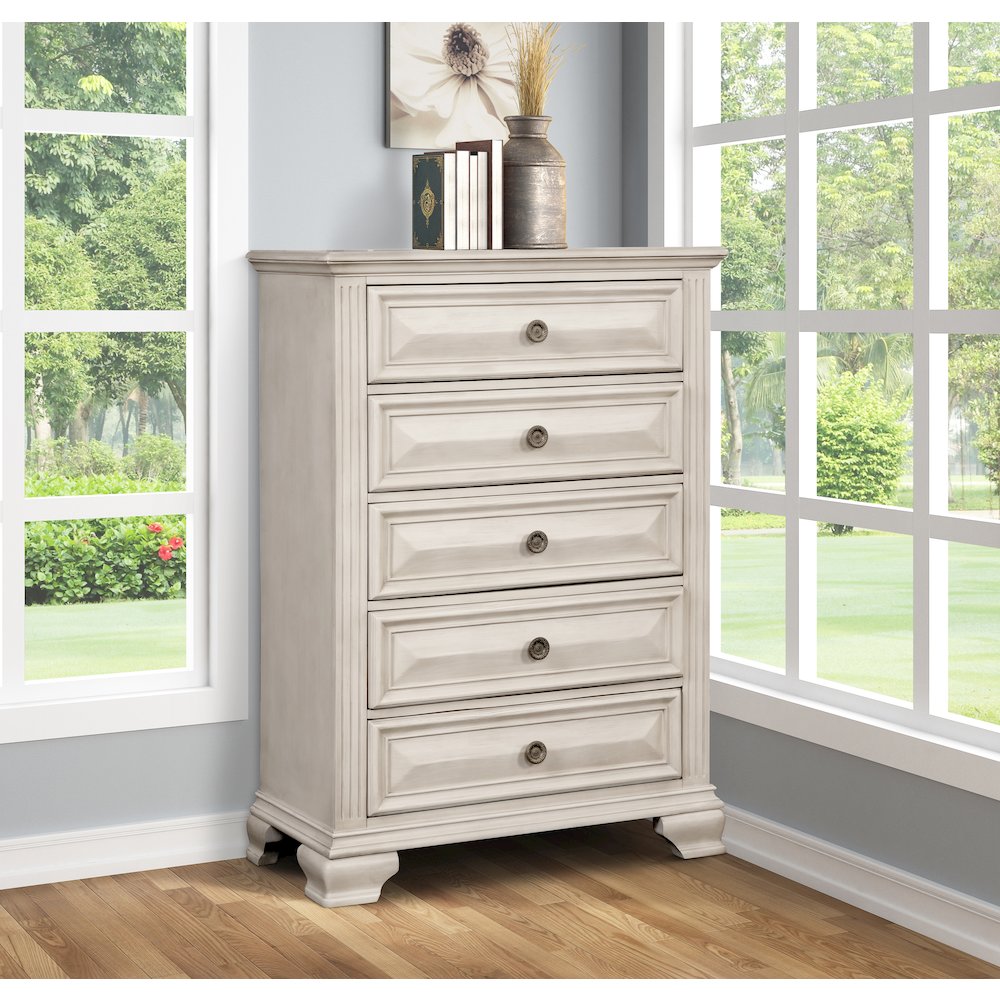 Parchment Wood Bedroom Set, King Bed, Dresser, Mirror, 2 Nightstands, Chest. Picture 10