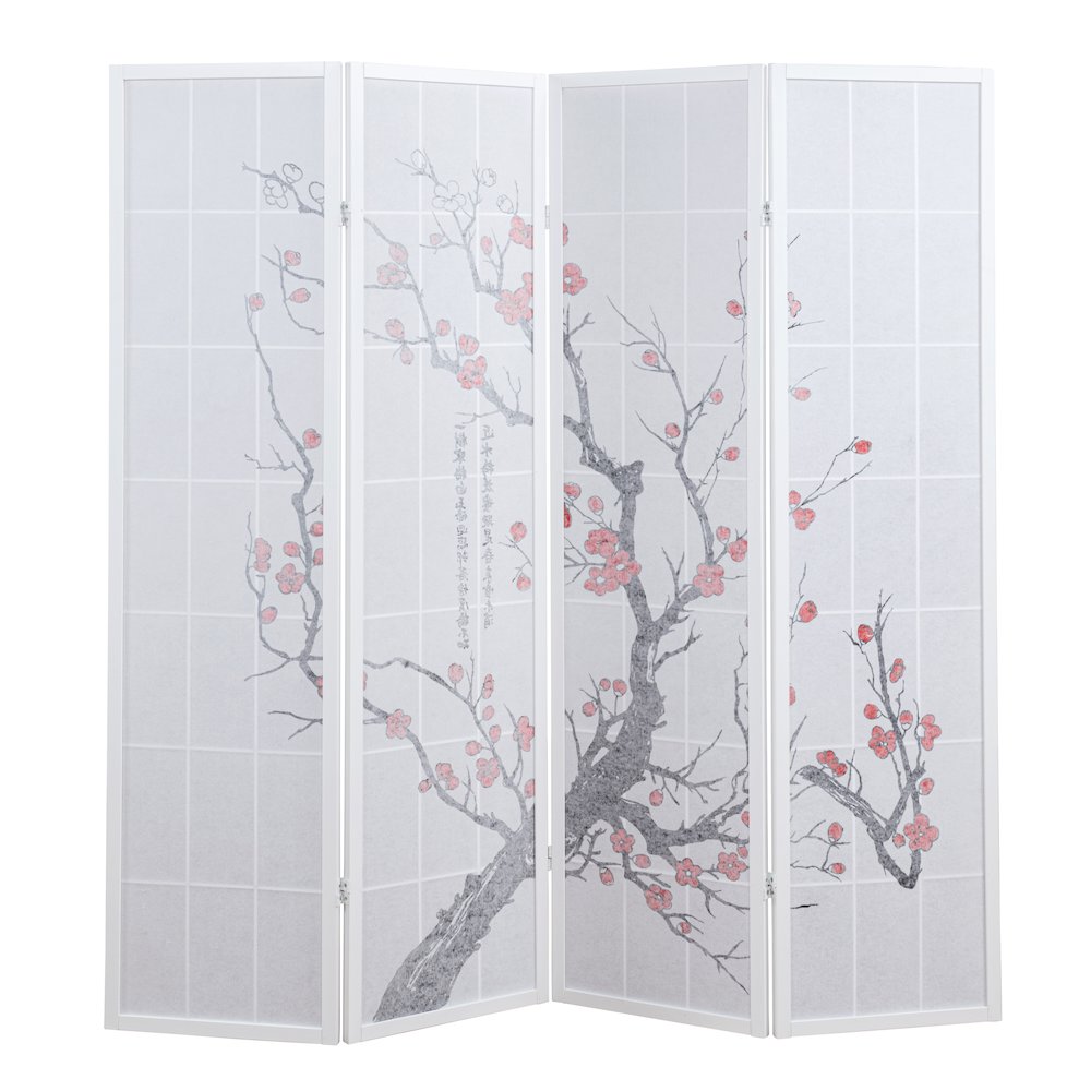 Elandra 4-Panel Room Divider, Plum Blossom Print, Privacy Screen, White. Picture 5