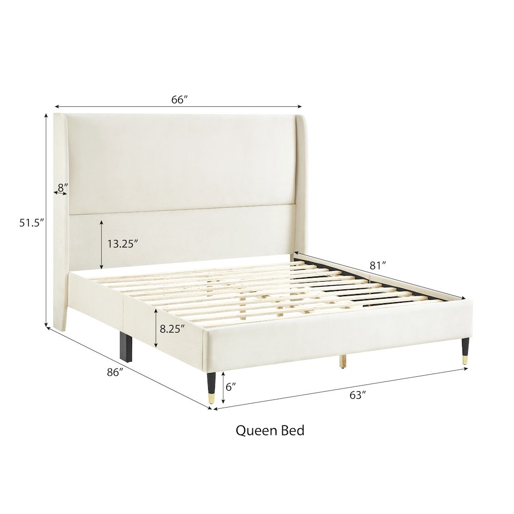 Rozitta Beige Velvet Wingback Platform Bed, Queen. Picture 2