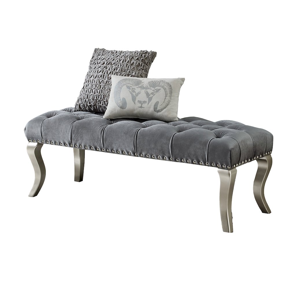 Decor Maxem Tufted Fabric Upholstered Seat with Nailhead Trim Bench, Gray. Picture 6