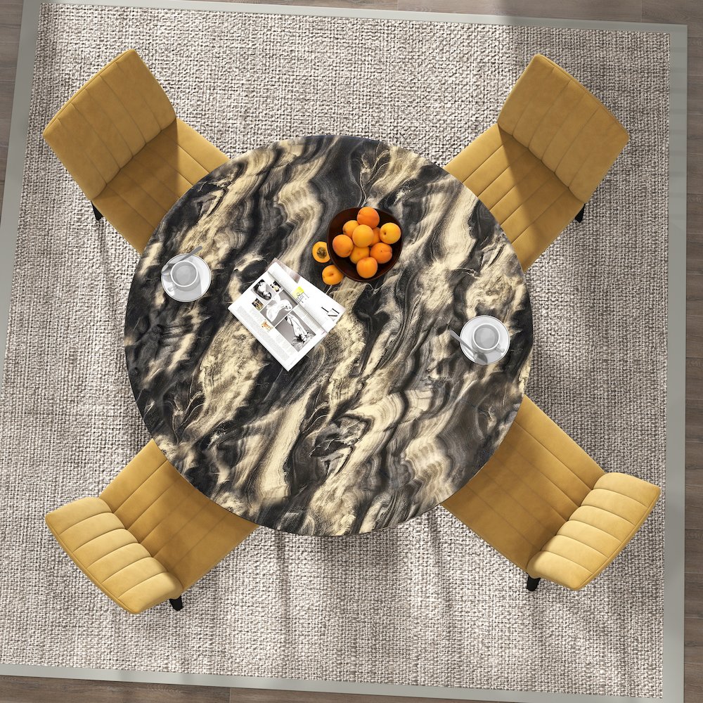 5-Piece Dining Set, Black and Gold Faux Marble Dining Table Four Chairs, Yellow. Picture 5