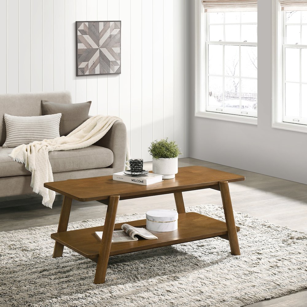 Metz Mid-Century Modern Wood Shelf 3-Pc Coffee Table Set, Walnut Finish. Picture 4