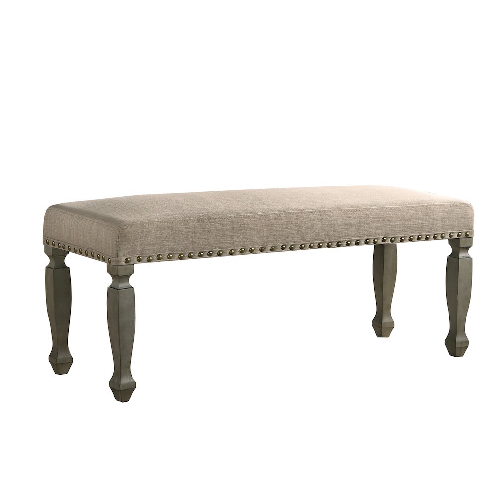 Breda Antique Gray Finish Upholstered Nailhead Bench. Picture 1
