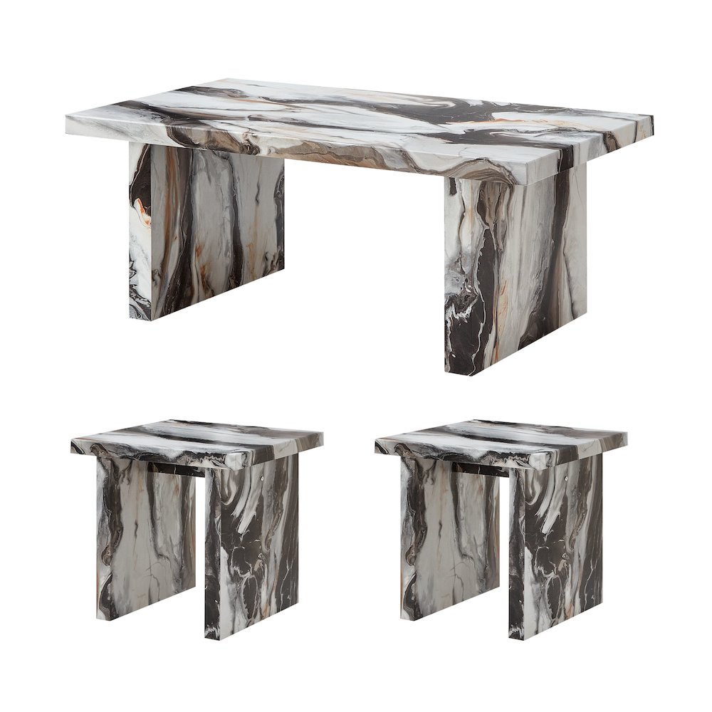 Cavira 3-Piece Faux Marble Coffee Table Set, Table and Two End Tables, Off-white. Picture 1
