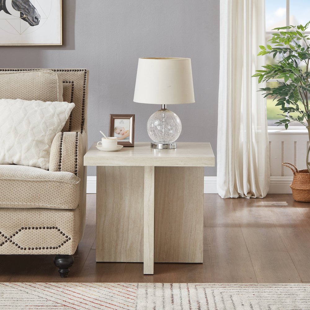 Cavira Modern Faux Marble Living Room Side Table, Beige. Picture 3