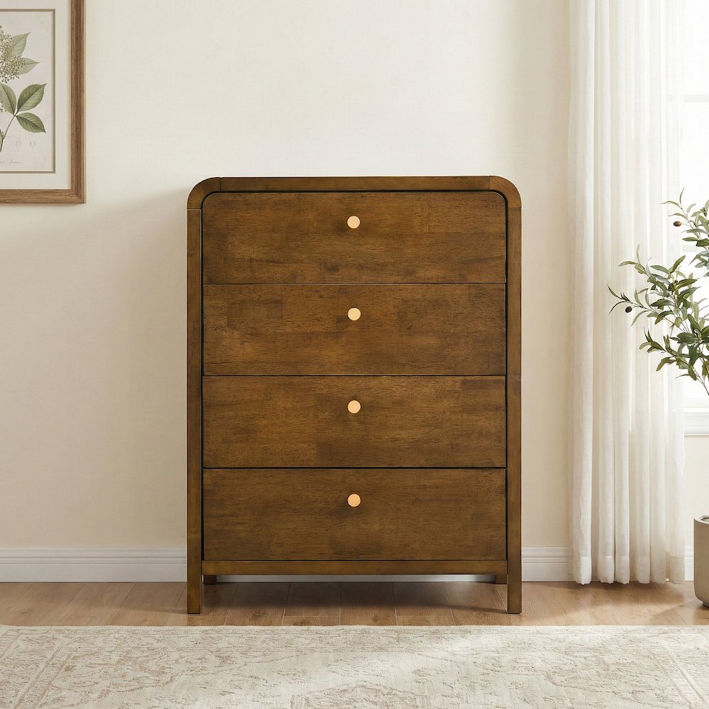 Eldren 4-Drawer Wood Chest with Solid Rubberwood Frame, Walnut Finish. Picture 5