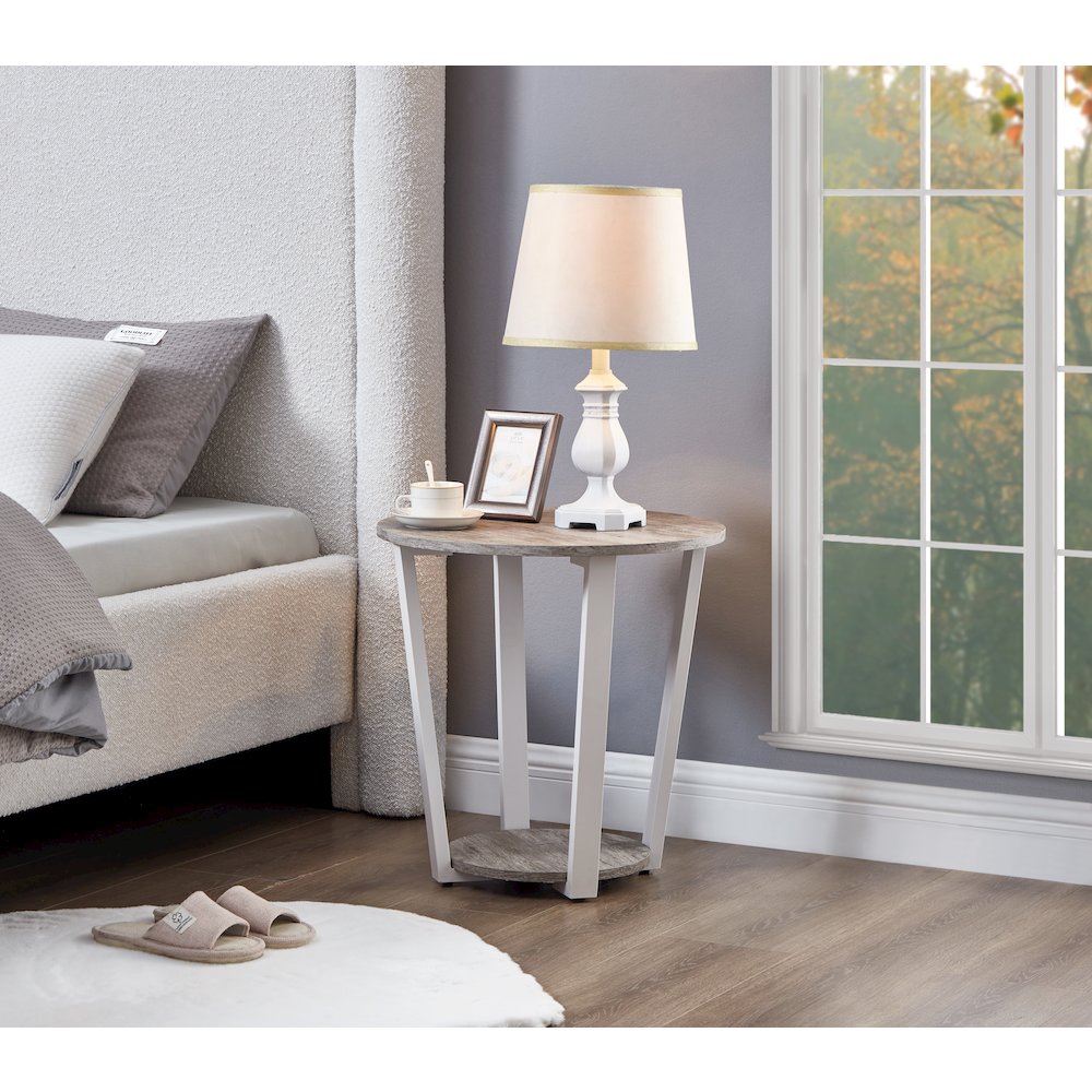 Elysian Contemporary Round End Table with Shelf, Gray. Picture 6