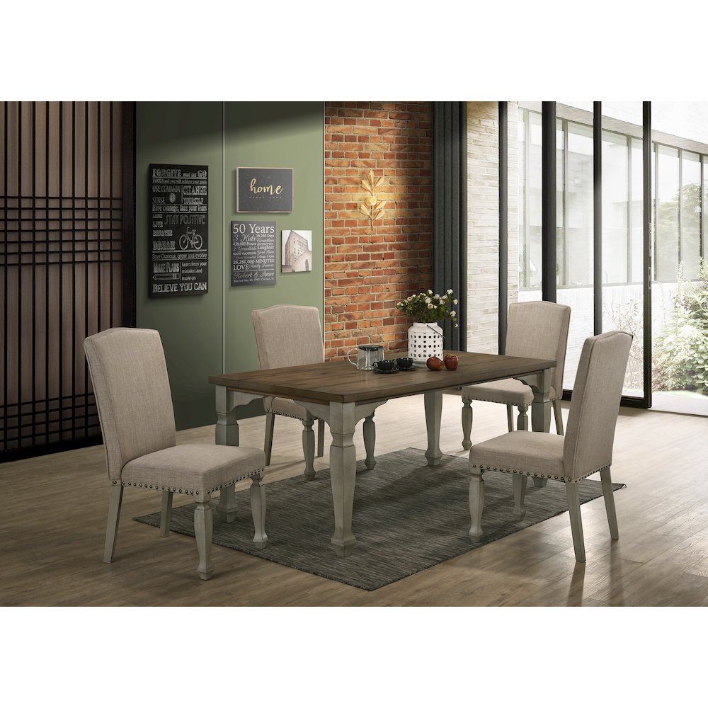 Breda Antique Gray and Dark Oak Finished Wood Dining Set, Table with Four Chairs. Picture 2