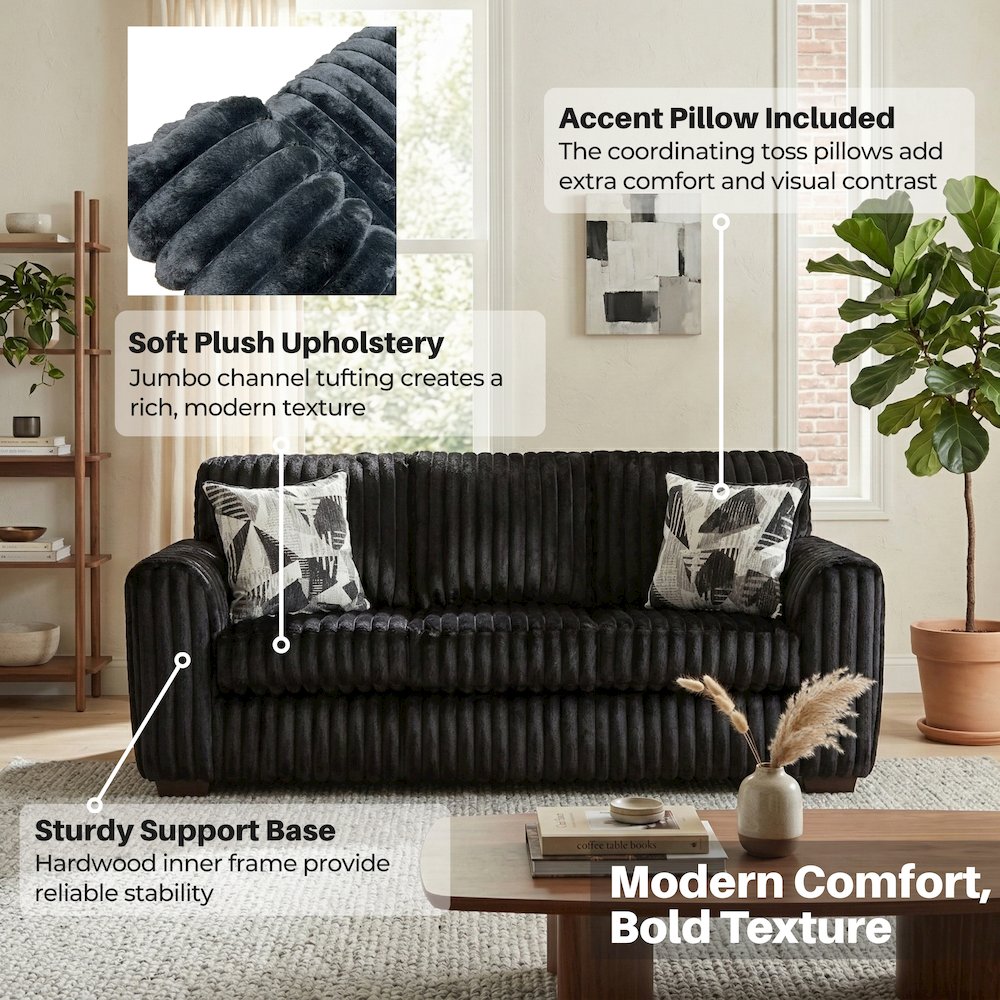 Nolan 4-Piece Living Room Set, Sofa Loveseat Chair and Ottoman, Lush Black. Picture 5