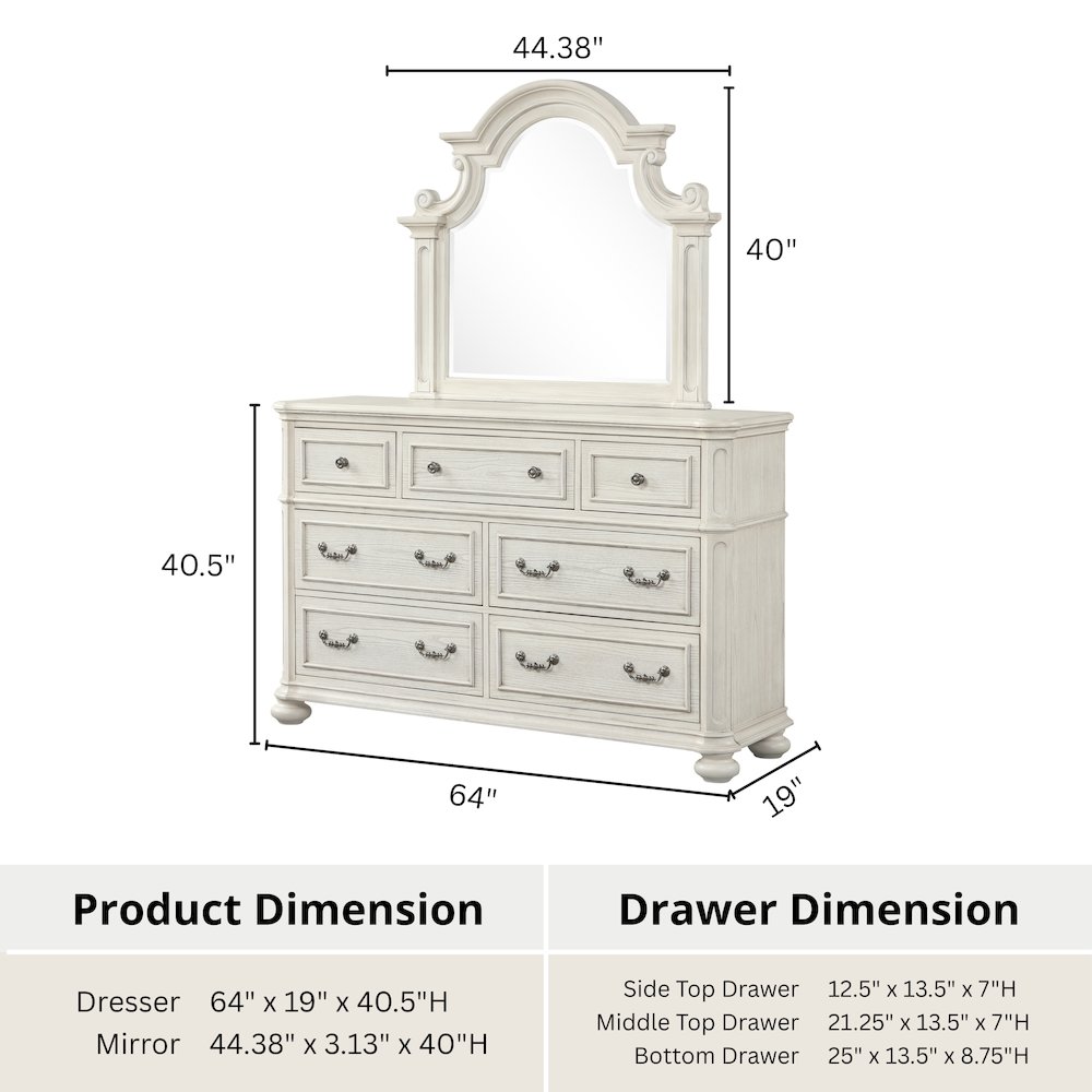 Nelson 7-Drawer Bedroom Dresser with Mirror, Antique White. Picture 14