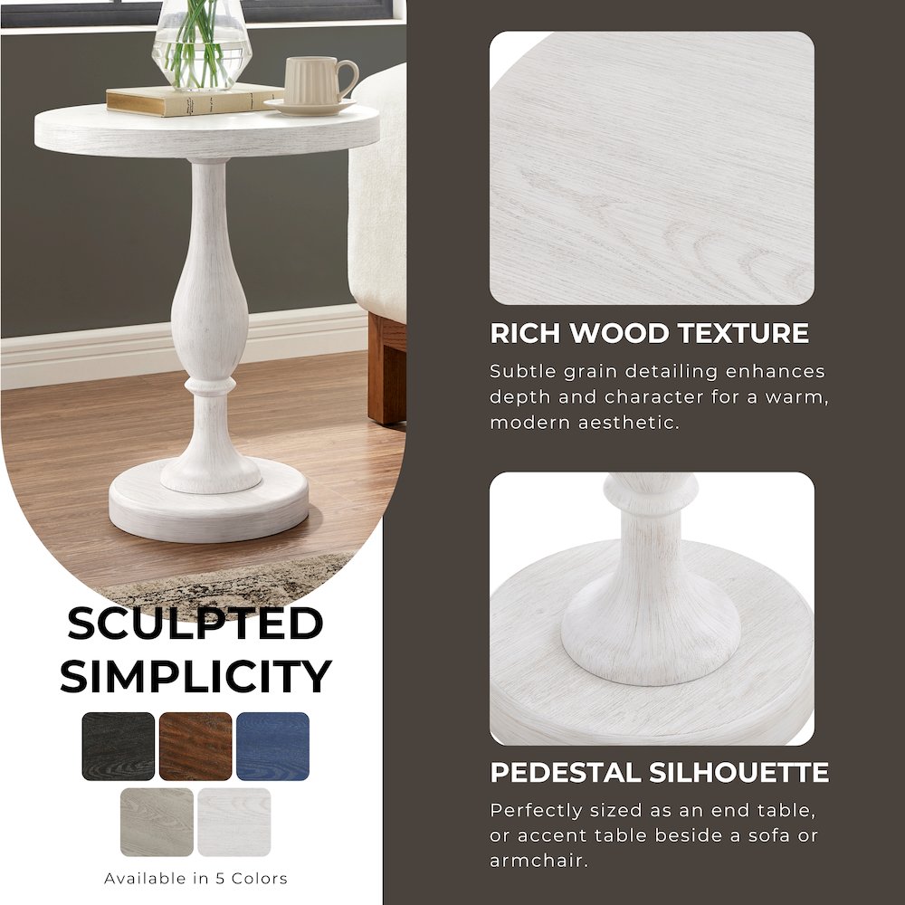 Solmere 22" Round Wood Pedestal End Table, White. Picture 5
