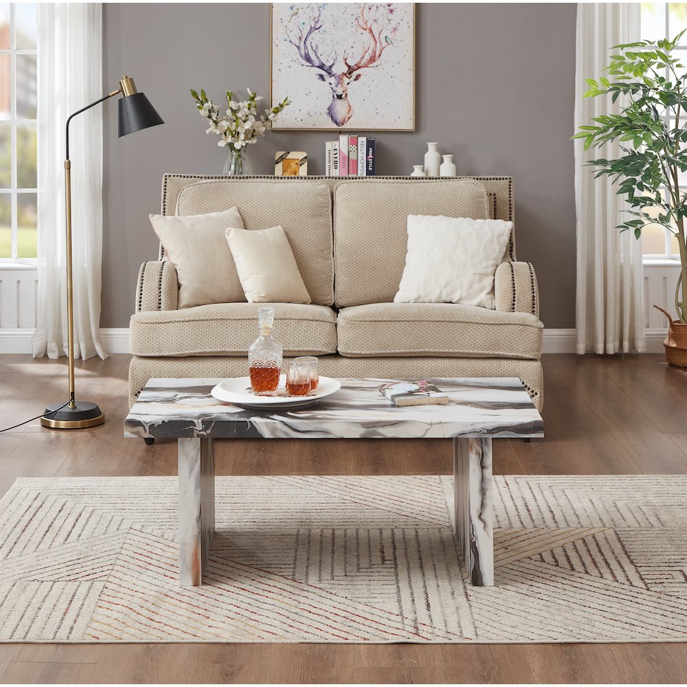Cavira Modern Faux Marble Living Room Coffee Table, Off-white. Picture 3