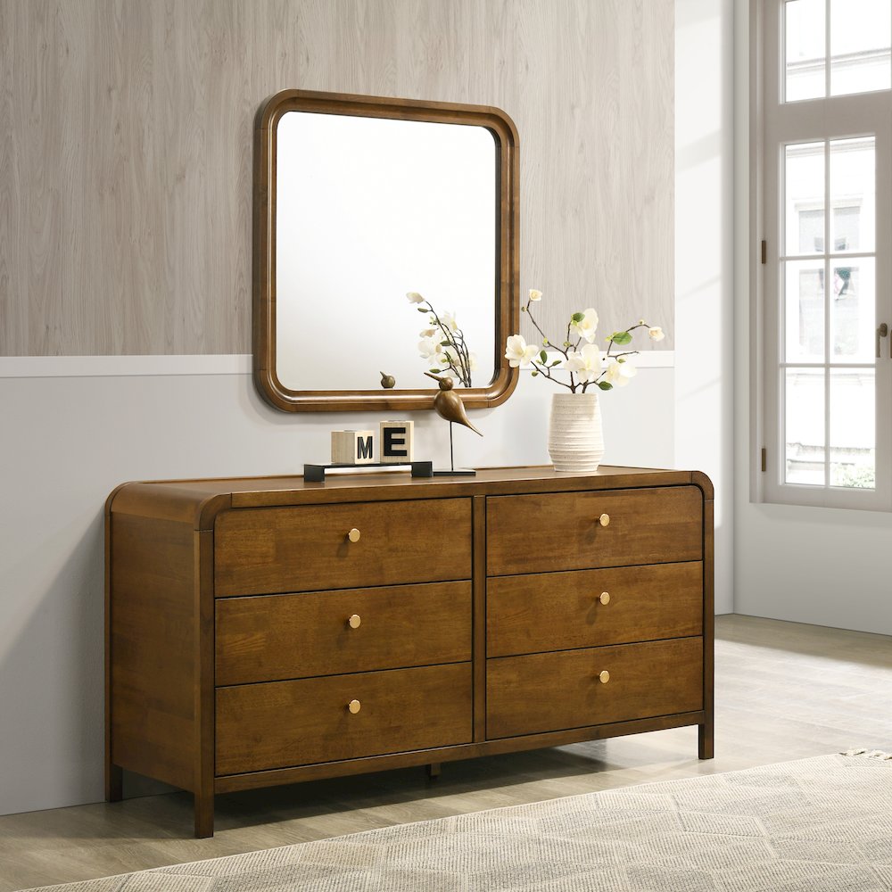 Eldren 6-Drawer Wood Dresser with Mirror, Walnut Finish. Picture 3