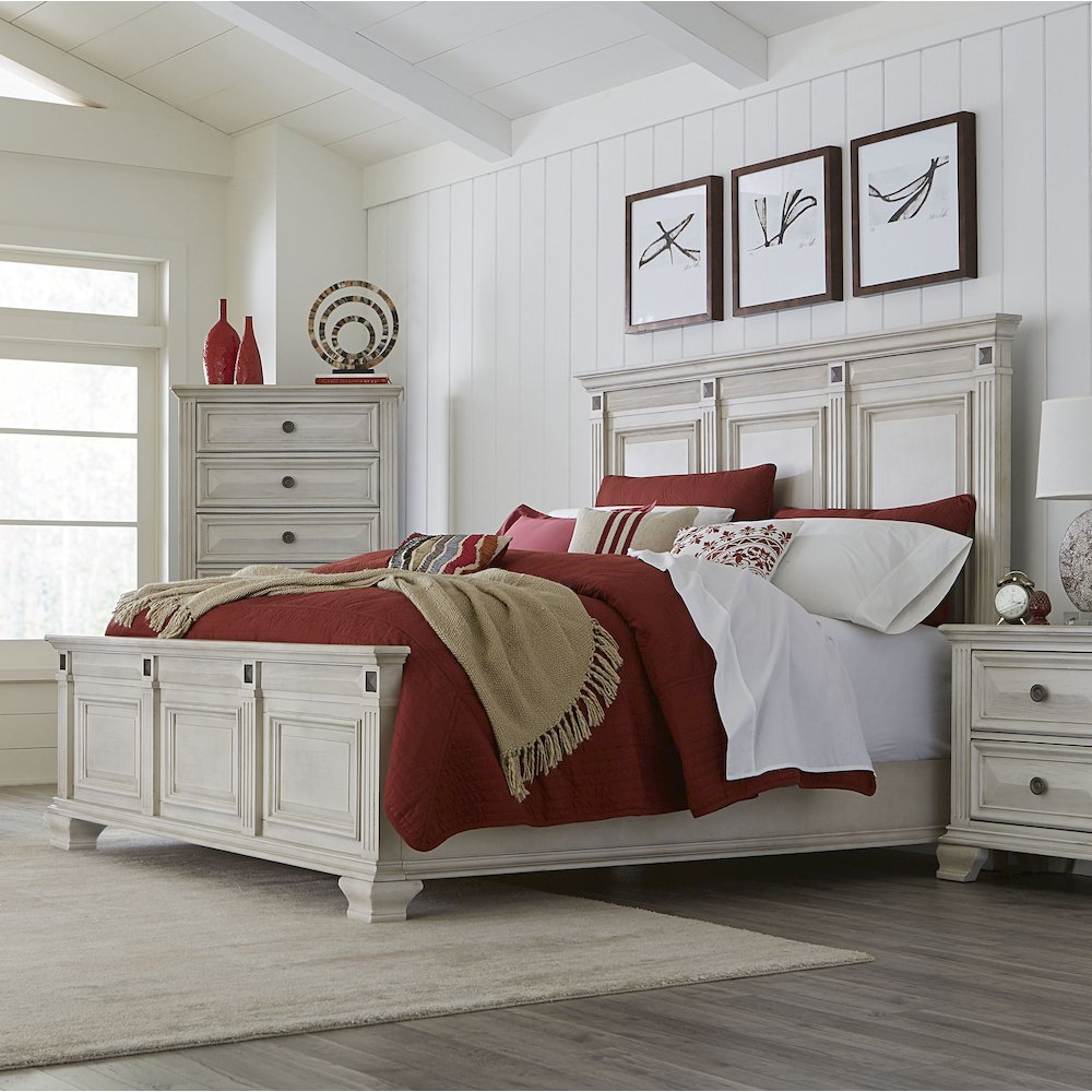 Renova Distressed Parchment Wood Panel Bed, King. Picture 3