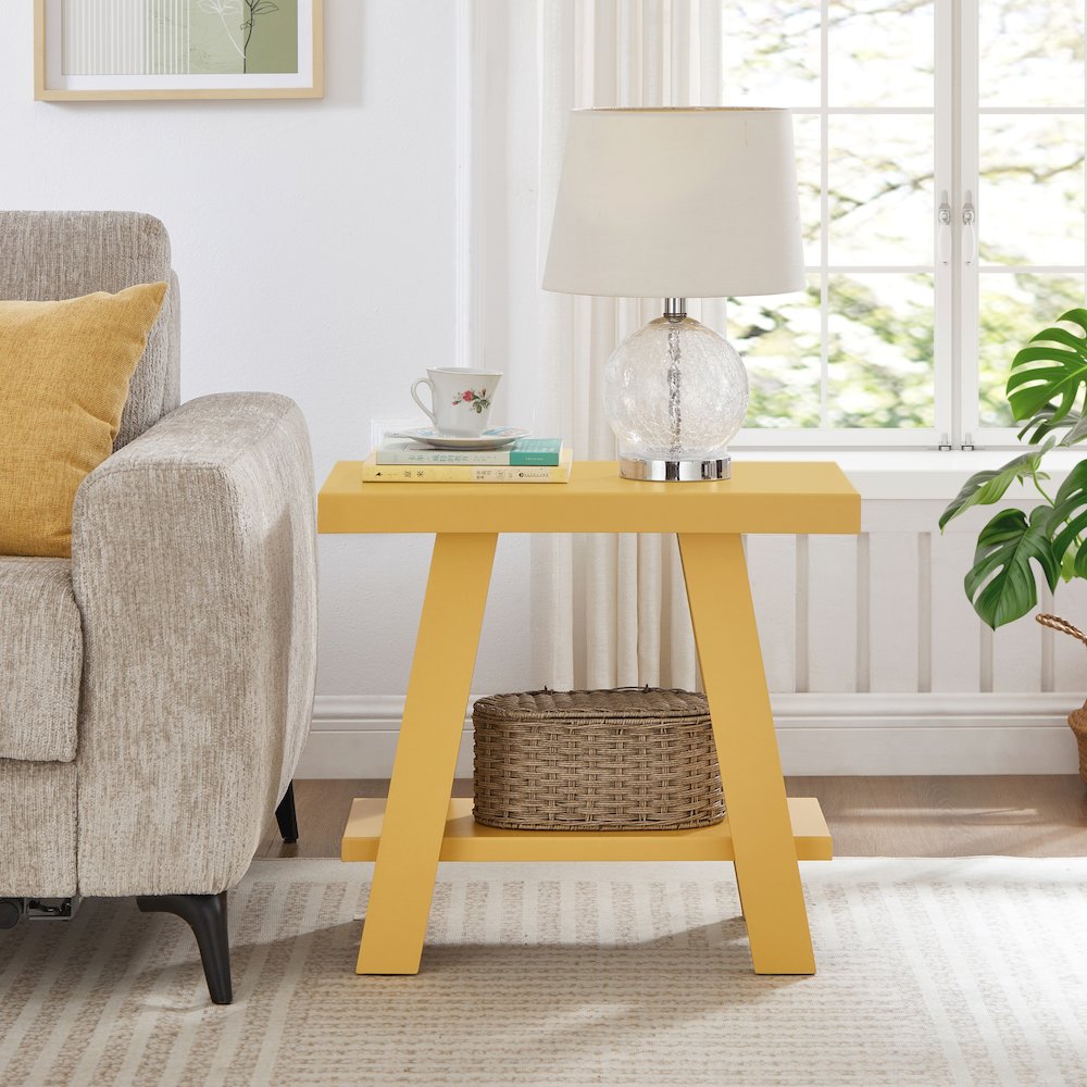 Athens Contemporary Wood Shelf Side Table in Yellow. Picture 3