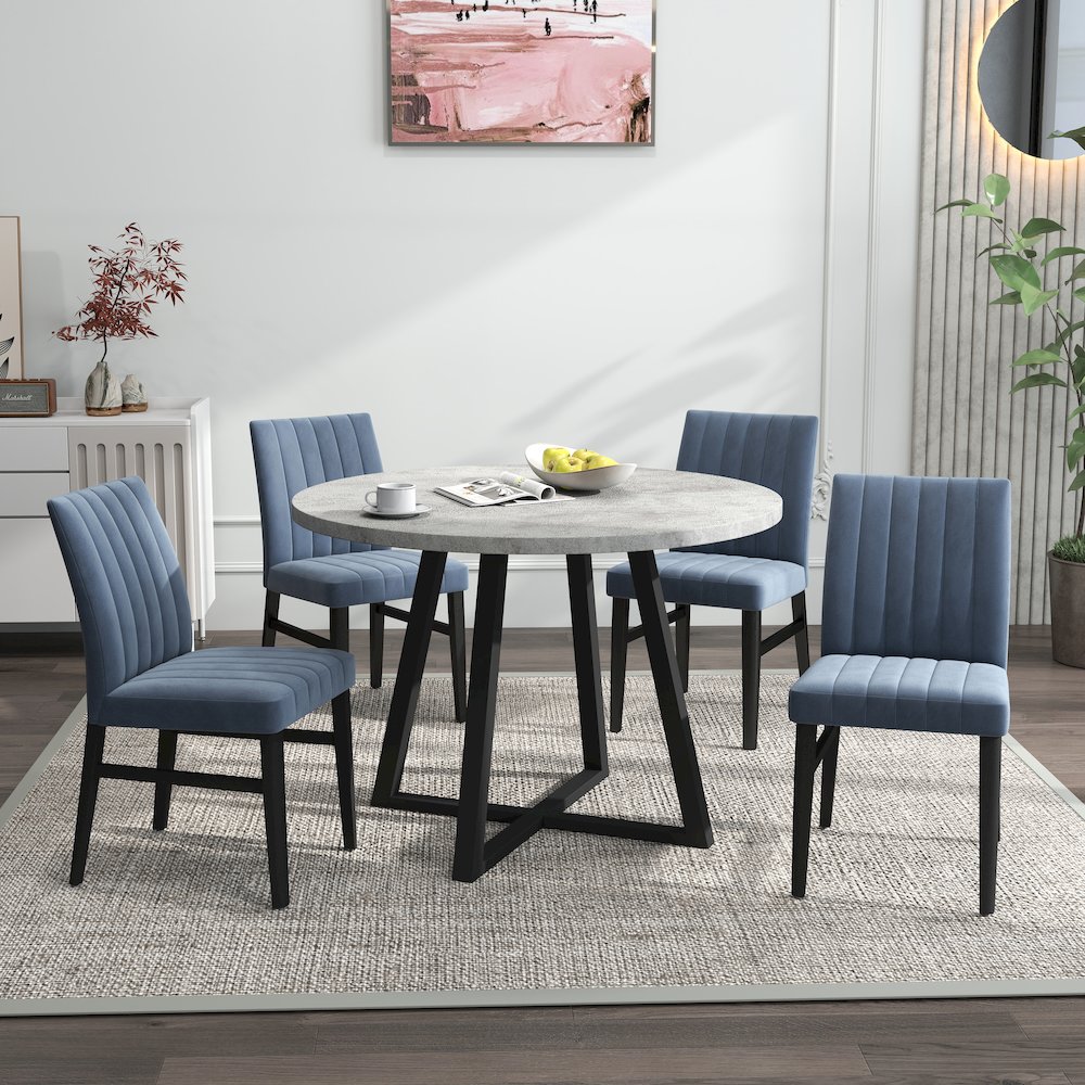 Edo 5-Piece Dining Set, Round Trestle Table and 4 Chairs, Gray and Blue. Picture 3