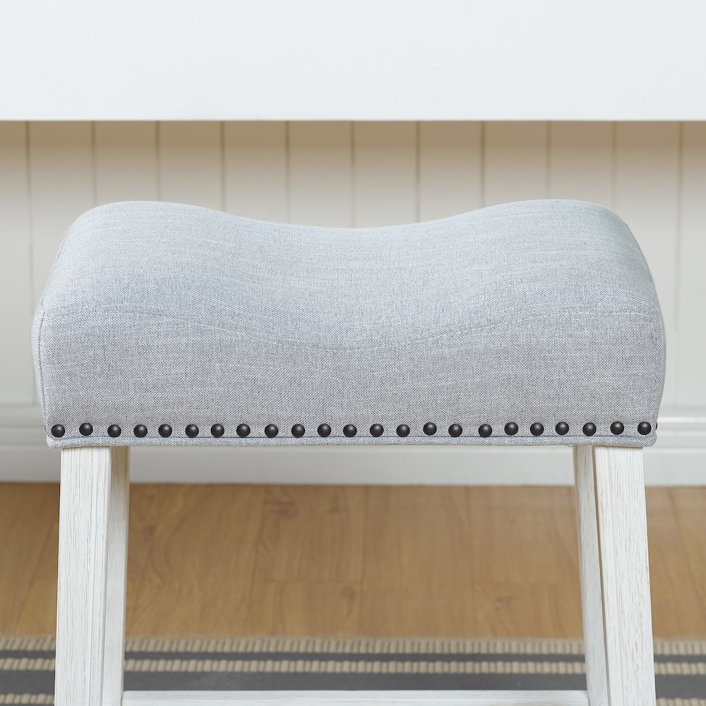 CoCo Counter Height Saddle Seat Stools, White-Washed Finish, Gray, Set of 2. Picture 3