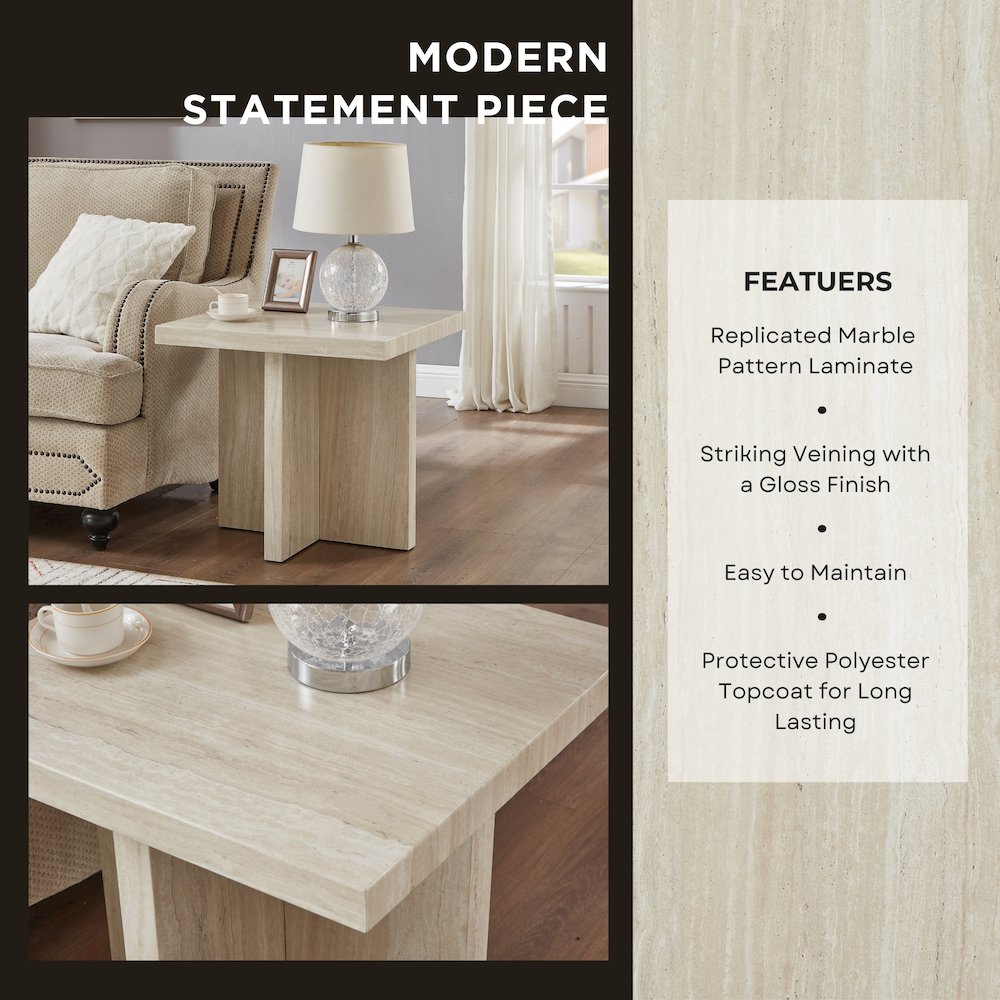 Cavira Modern Faux Marble Living Room Side Table, Beige. Picture 4