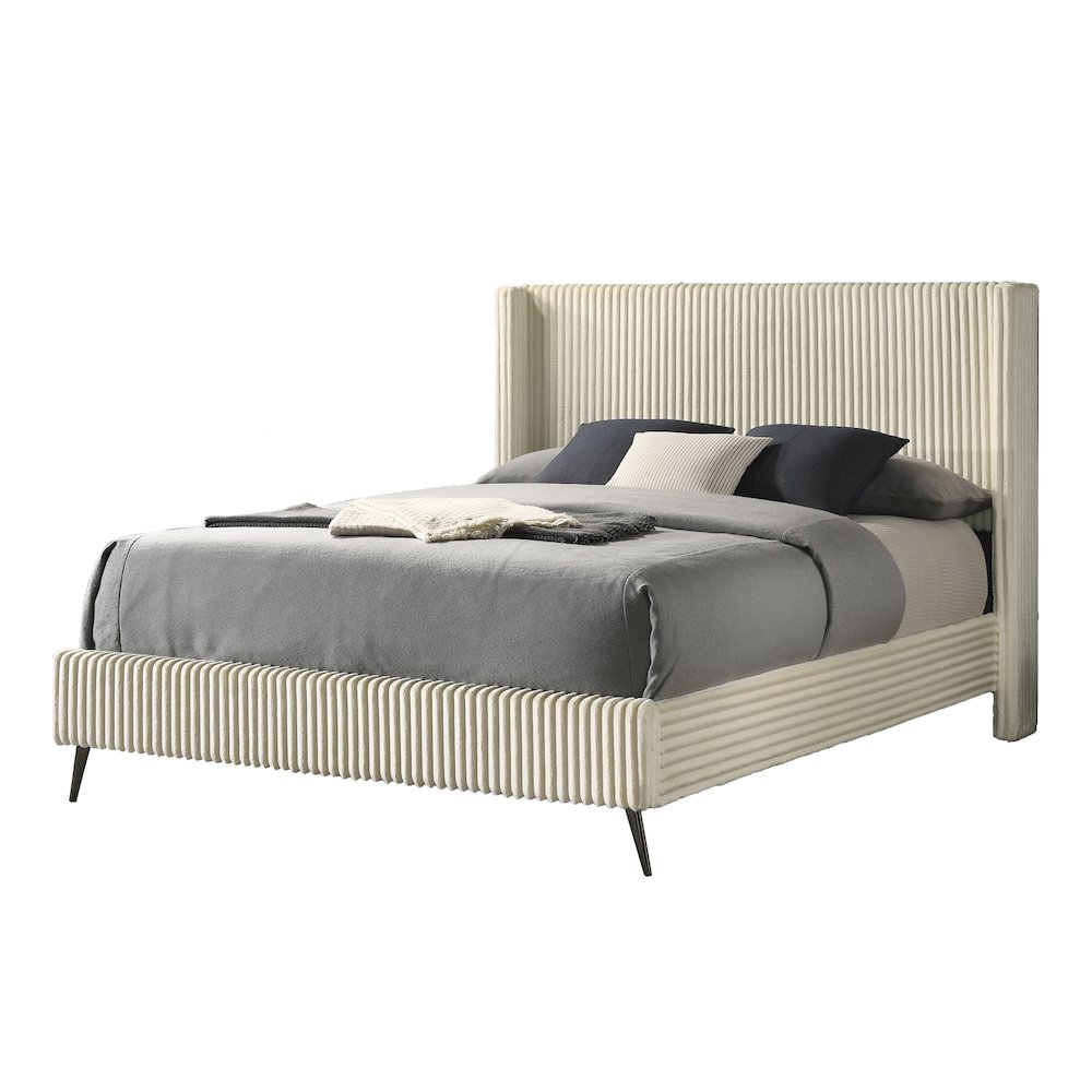 Mavela Wide Wale Corduroy Upholstery Panel Queen Bed, Cream. Picture 1