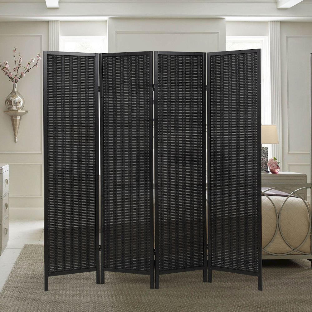 Inkwell 4-Panel Bamboo Room Divider, Folding Screen, Black with Black Frame. Picture 3