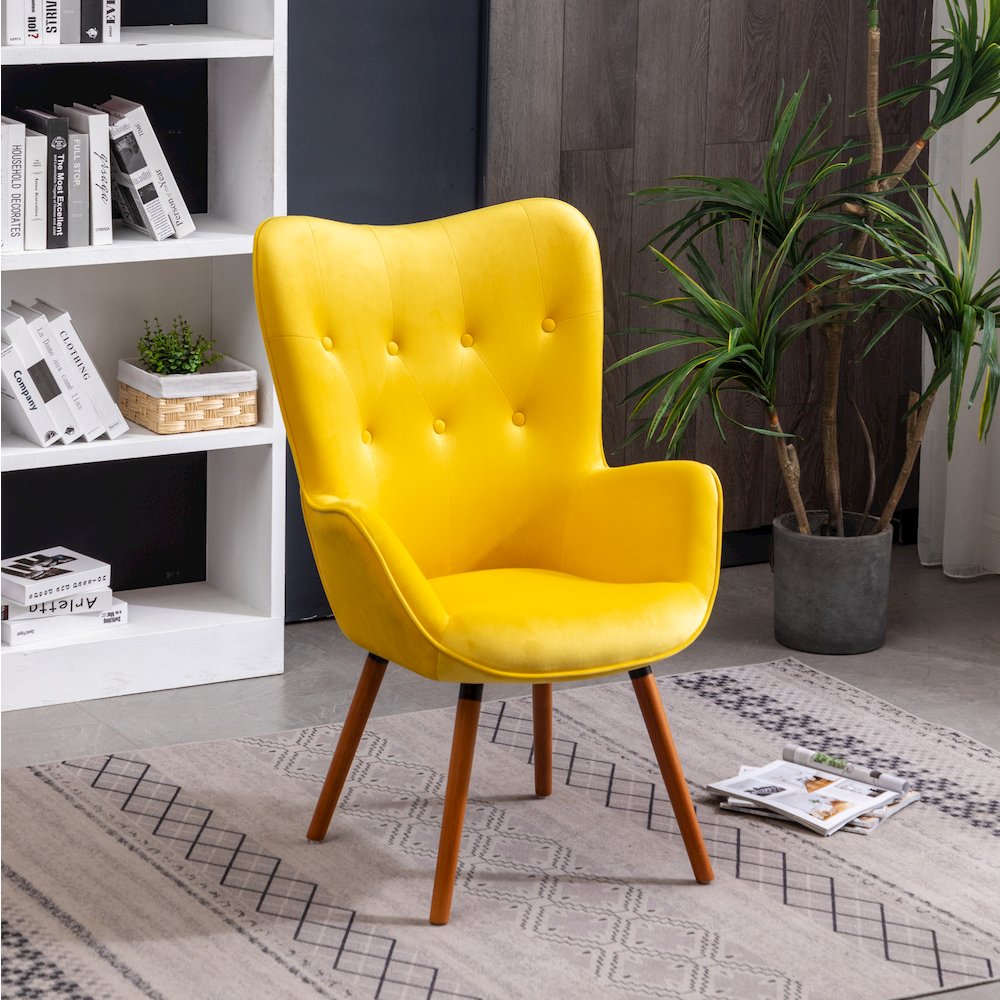 Doarnin Contemporary Silky Velvet Tufted Button Back Accent Chair, Yellow. Picture 3