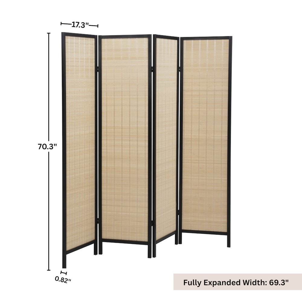 Inkwell 4-Panel Bamboo Room Divider, Folding Screen, Natural with Black Frame. Picture 11