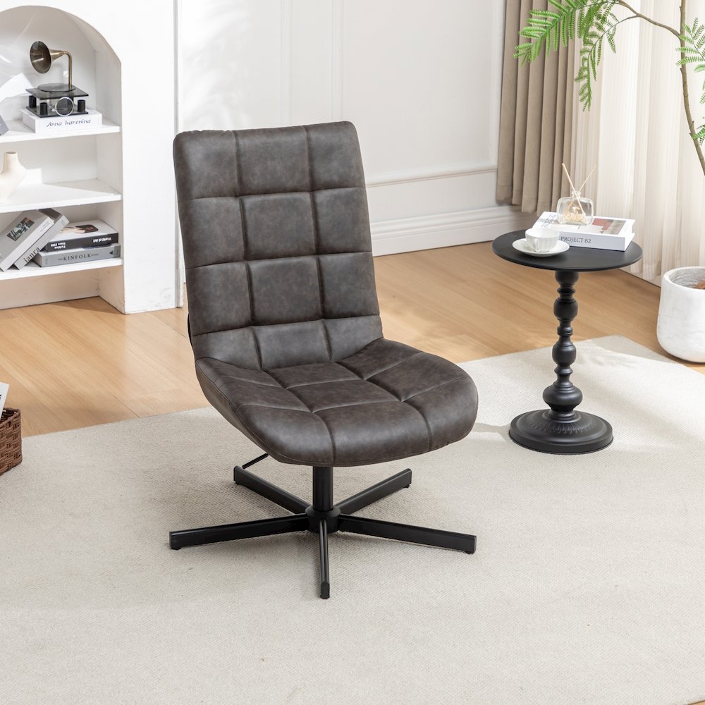 Arlena Faux Leather Tufted Swivel Accent Chair, Brown. Picture 2
