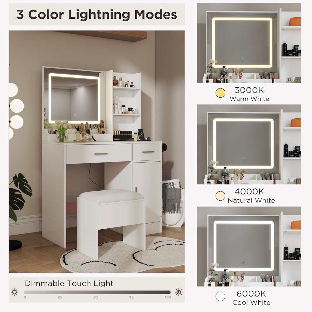 Makeup Vanity Set, Vanity Desk with Stool, LED Light Mirror, White. Picture 8