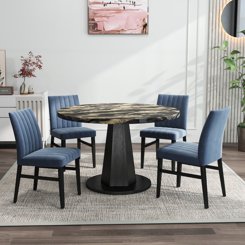 5-Piece Dining Set, Black and Gold Faux Marble Dining Table Four Chairs, Blue. Picture 2