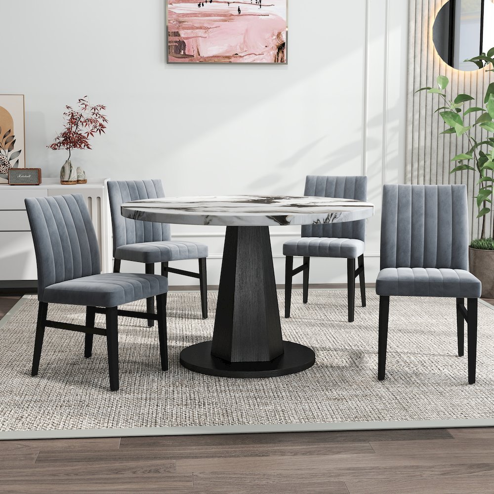 5-Piece Dining Set, Off-White Faux Marble Dining Table with Four Chairs, Gray. Picture 3
