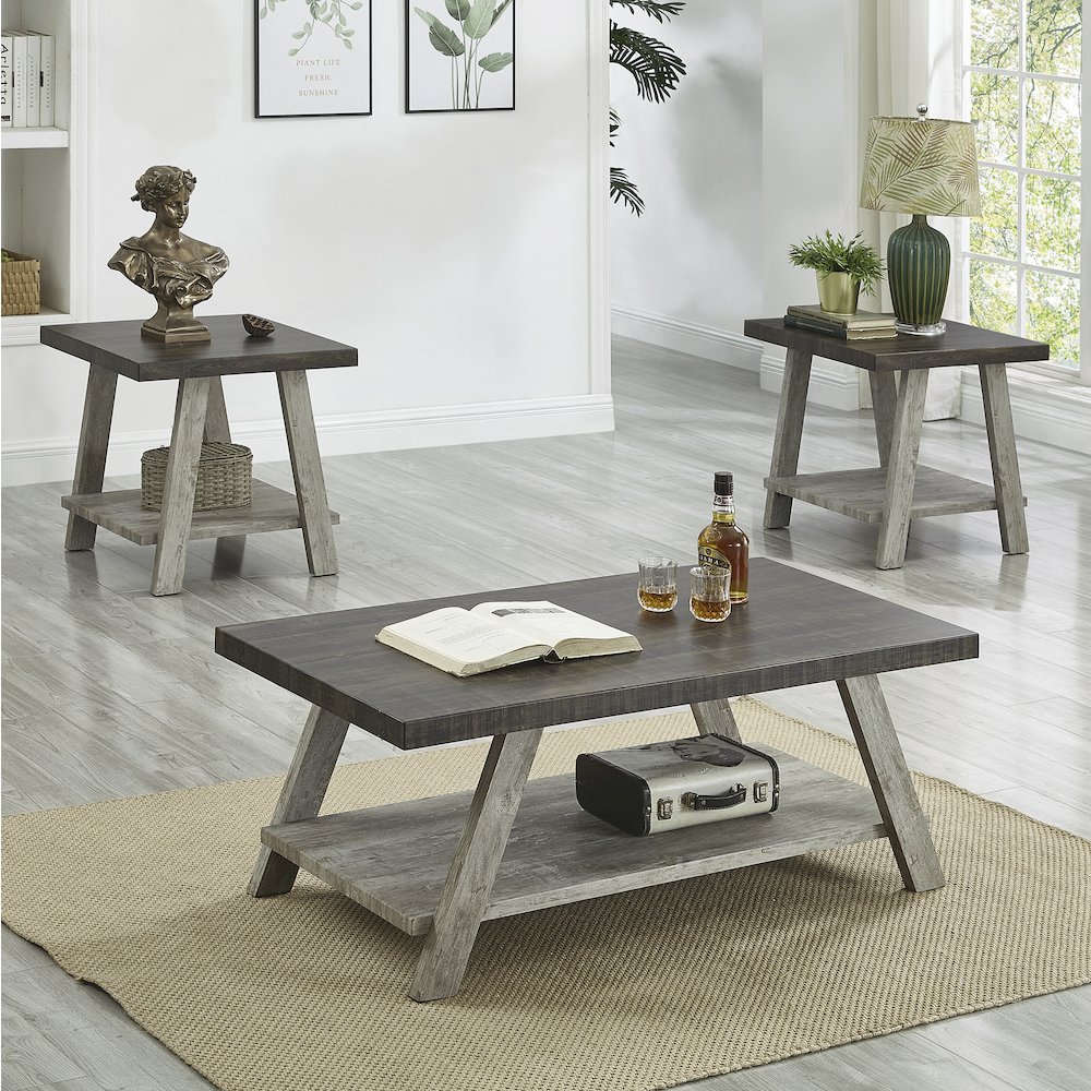 Athens Contemporary 3Pc Wood Shelf Coffee Table Set in Weathered Walnut and Gray. Picture 2