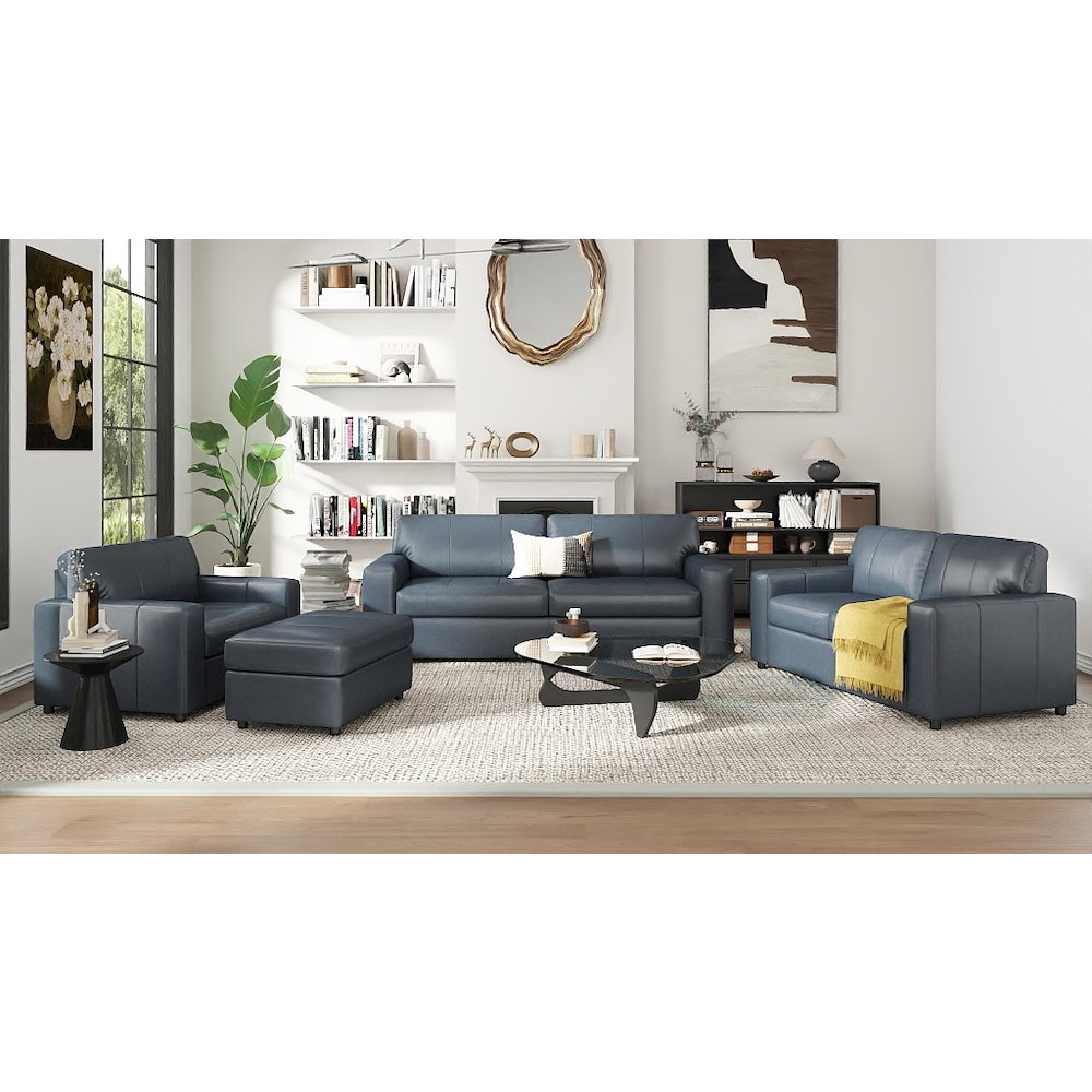 Sakan Leather 4-Pc Living Room Set, Sofa Loveseat, Chair and Ottoman, Blue. Picture 2