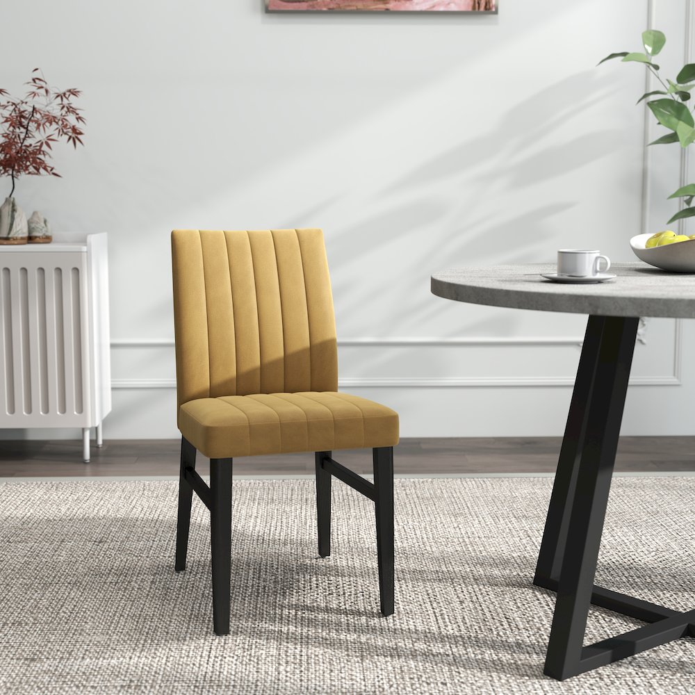 Edo 5-Piece Dining Set, Round Trestle Table and 4 Chairs, Gray and Yellow. Picture 9