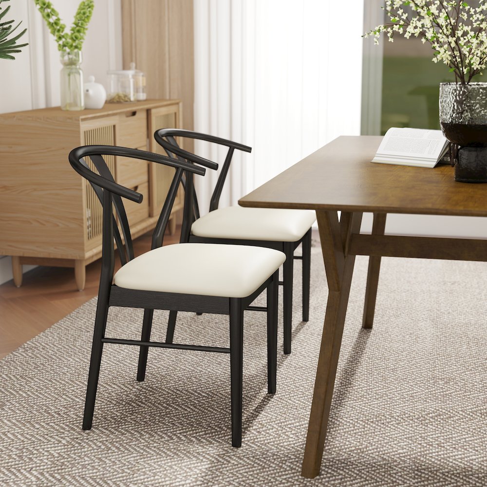 7-Piece Dining Set, Wood Dining Table with 4 Walnut and 2 Black Wishbone Chairs. Picture 7