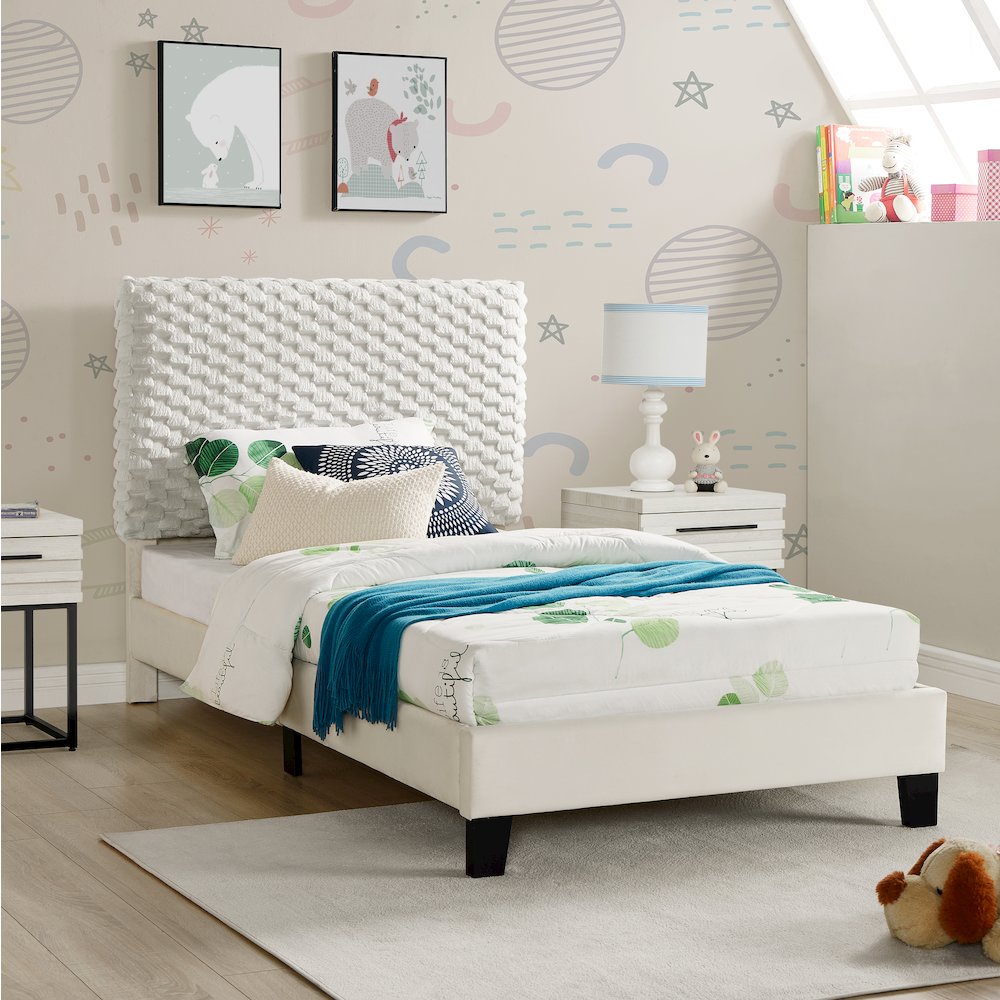 Findlay Plush 3D Upholstered Platform Bed in White Dove, Twin. Picture 2