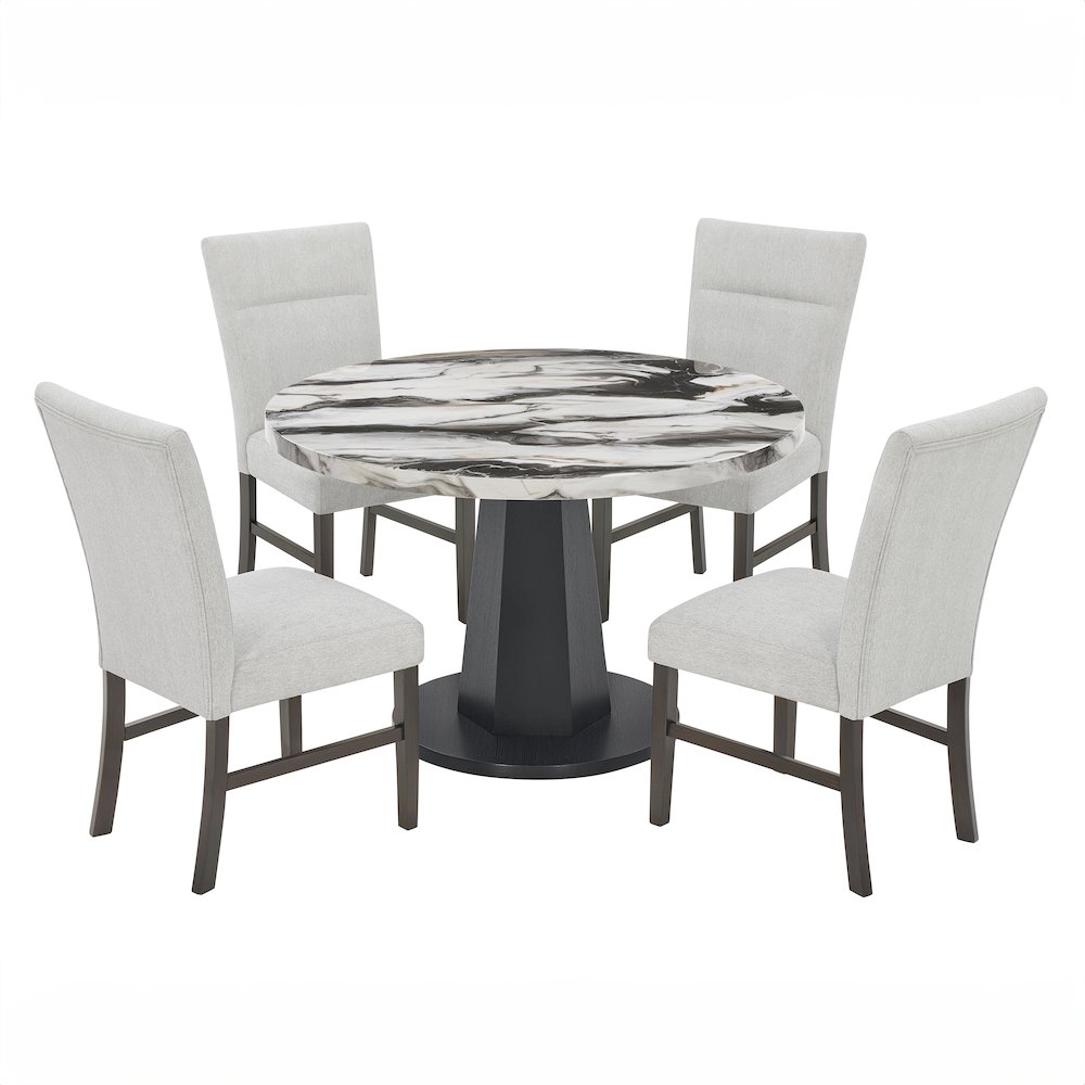 Cavira 5-PC Dining Set, Off-White Faux Marble Table with Four Gray Chairs. Picture 1