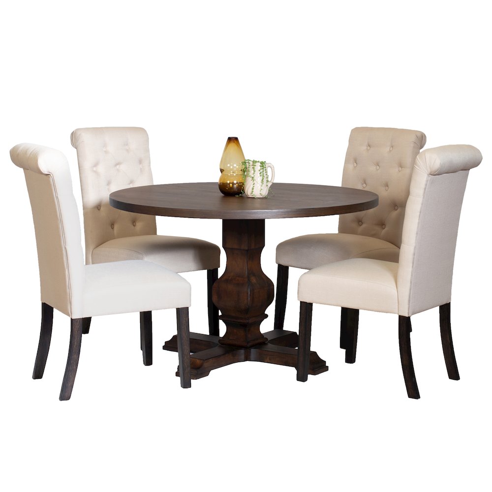 Kerbau 5-Pc Dining Set, Pedestal Round Table with 4 Stylish Chairs, Tan. Picture 1