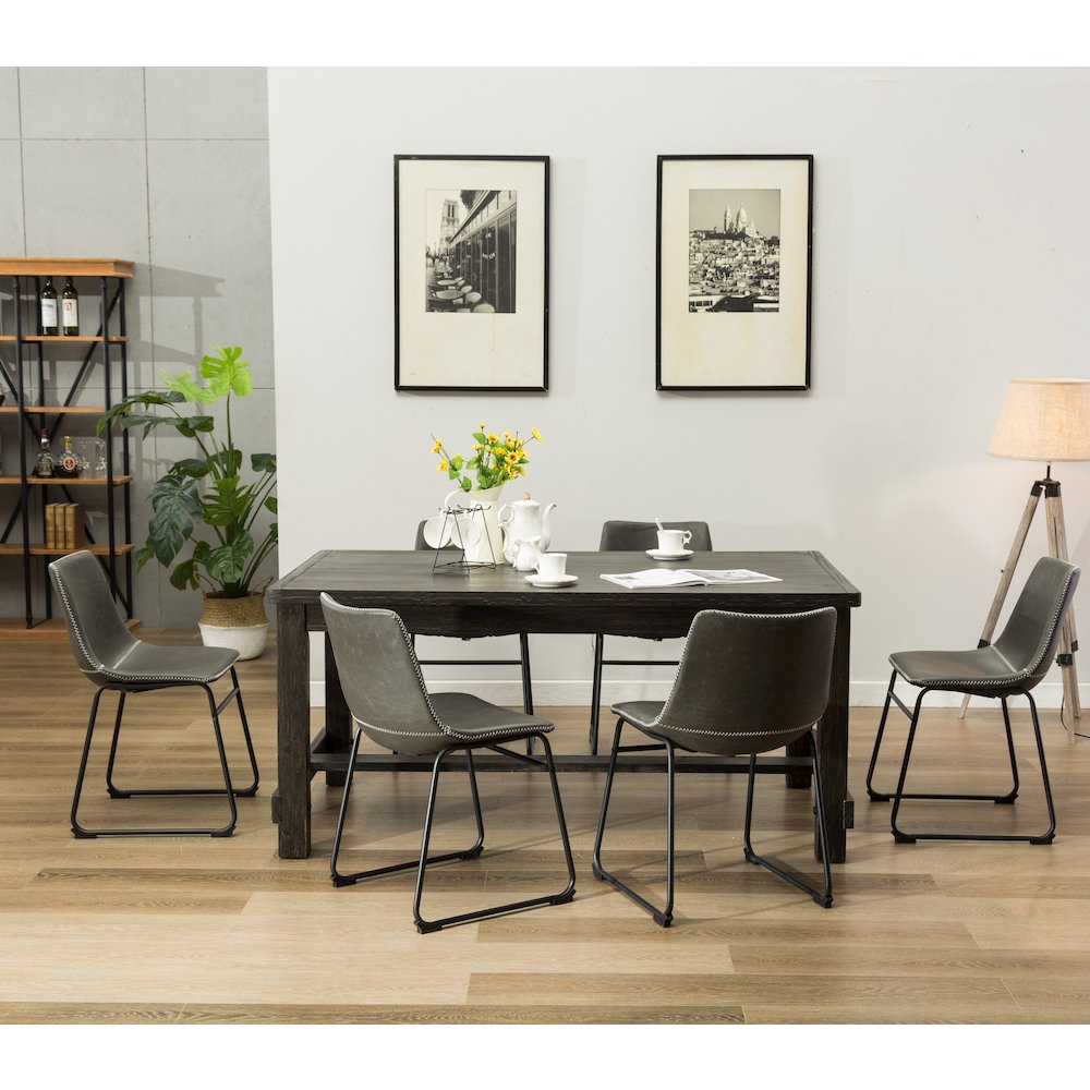 7-Piece Antique Black Finish Wood Dining Table, 6 Gray Faux Leather Chairs Set. Picture 5