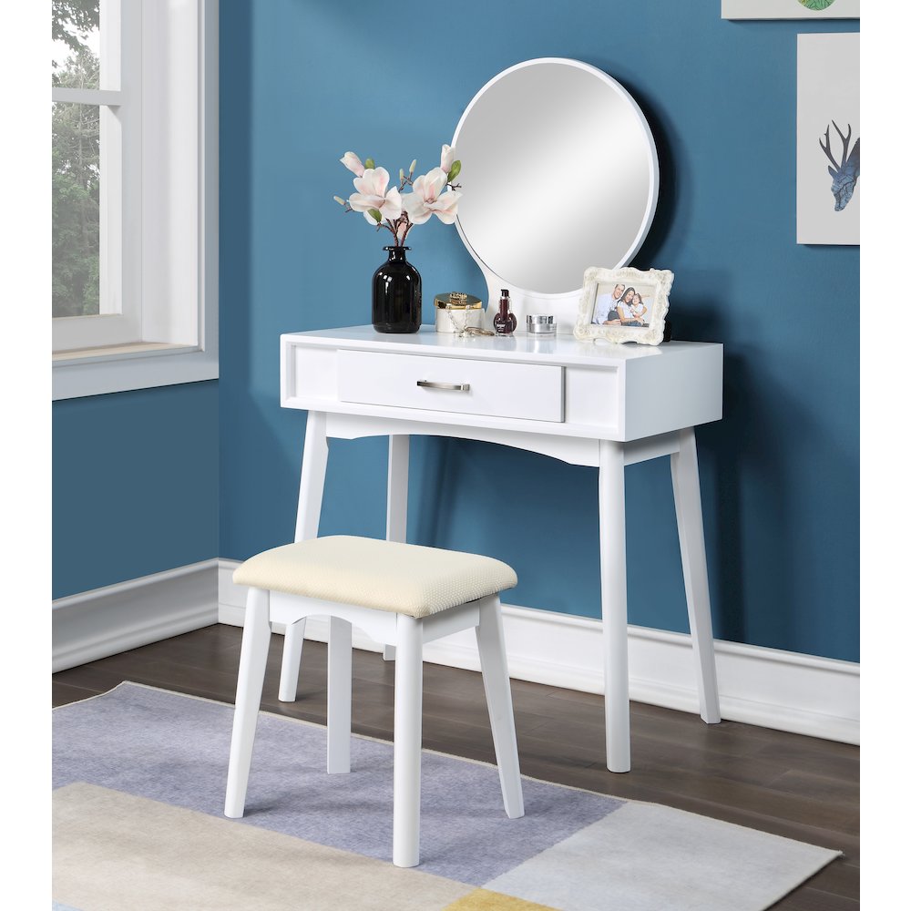 Maly Contemporary Wood Vanity and Stool Set, White. Picture 2