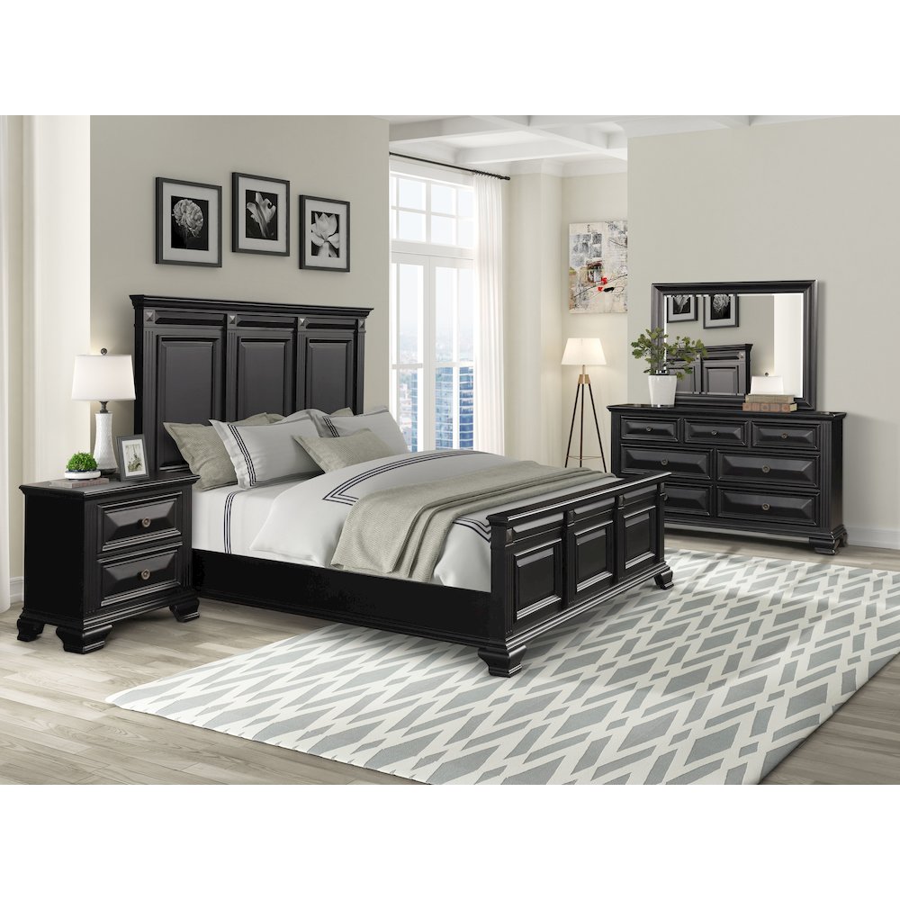 Vintage Black Wood Bedroom Set, King Panel Bed, Dresser, Mirror, 2 Nightstands. Picture 2