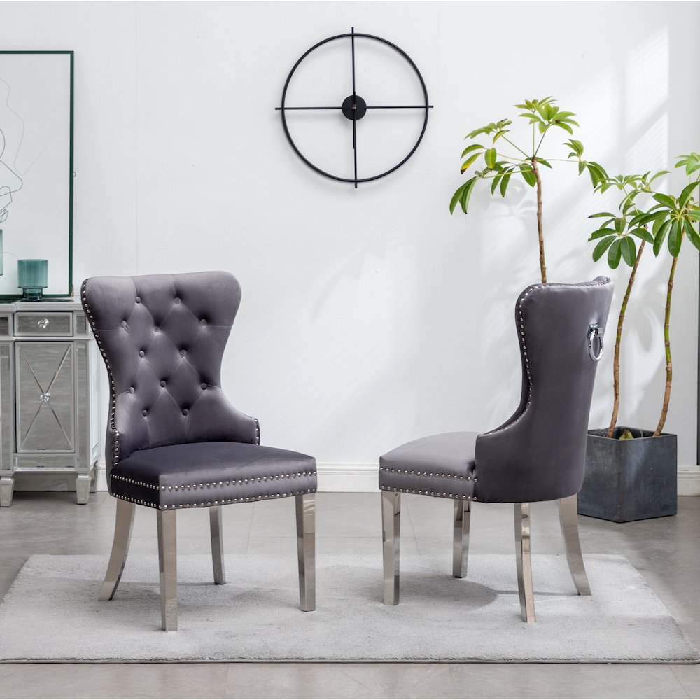 Montura Contemporary Tufted Velvet Chair with Nailhead Trim, Set of 2, Gray. Picture 5
