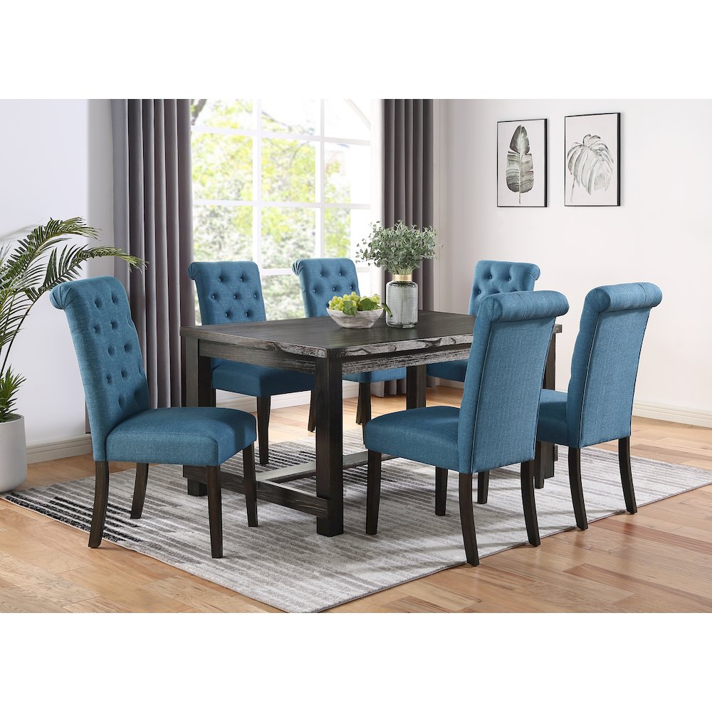 Leviton Antique Black Finished Wood Dining Set, Table with Six Chairs, Blue. Picture 2
