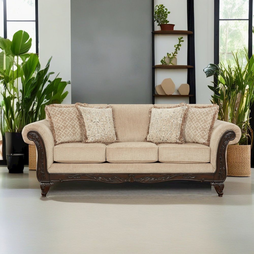 Hernen Carved Wood Frame Sofa, Emma Wheat. Picture 2