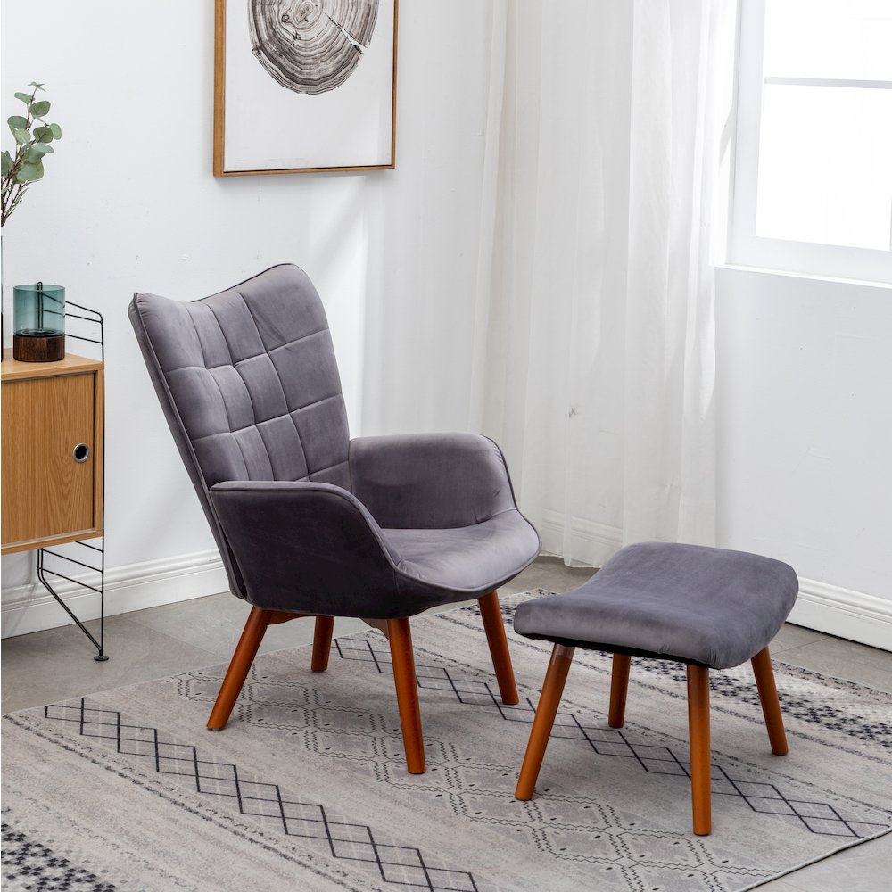 Leiria Contemporary Silky Velvet Tufted Accent Chair with Ottoman, Gray. Picture 3