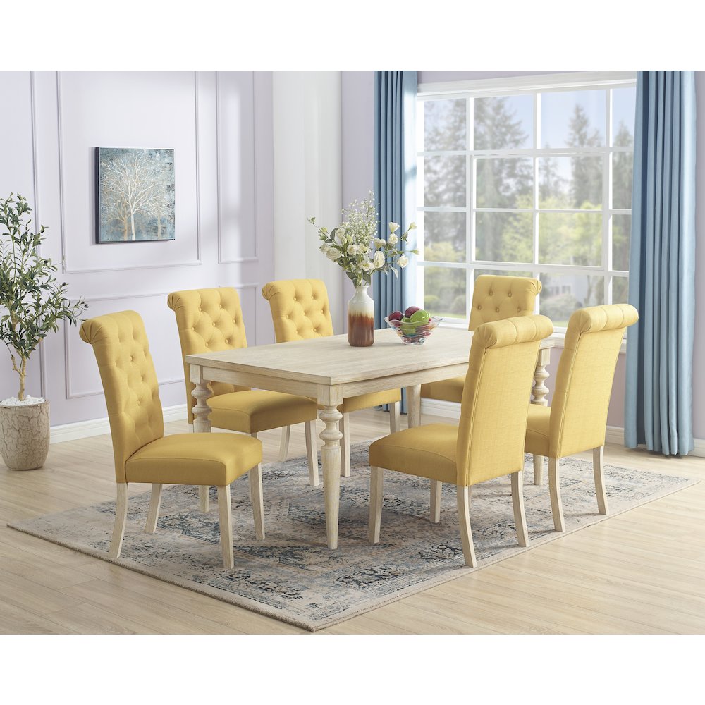 Amonia 7-Pc Dining Set, Turned-Leg Dining Table with 6 Tufted Chairs, Yellow. Picture 1