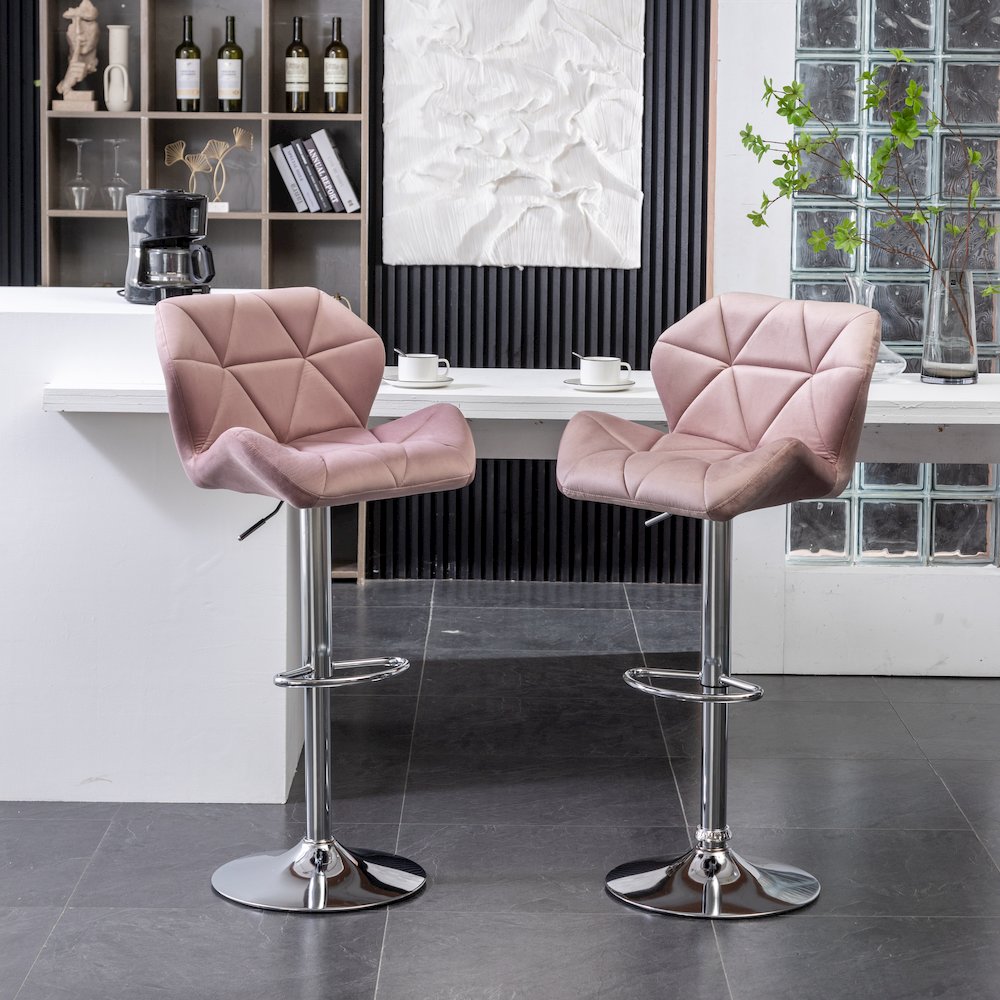 Breni Velvet Diamond Tufted Swivel Adjustable Height Barstool, Set of 2, Mauve. Picture 2