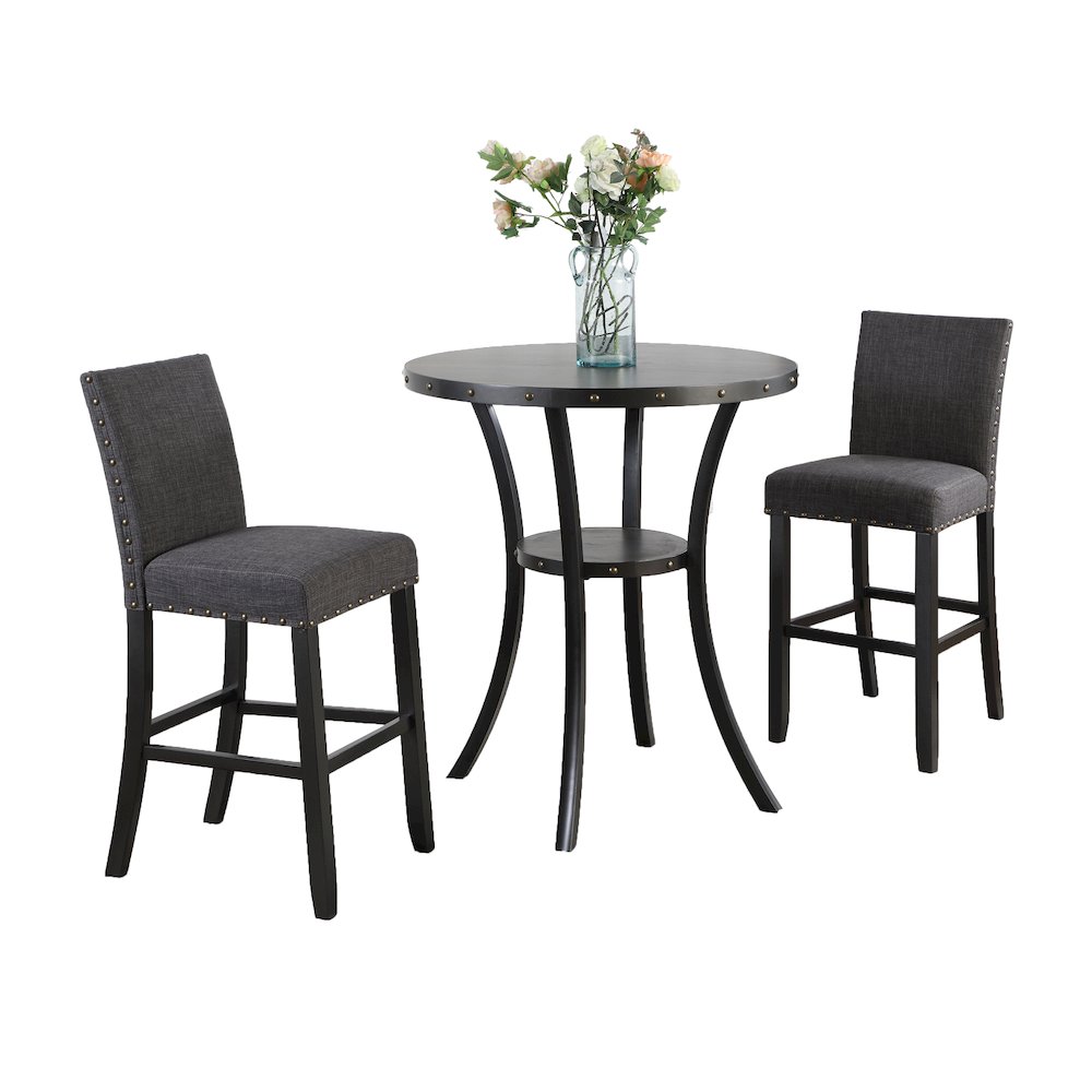 Biony 3-Pc 36" Round Espresso Finish Bar Table with 2 Gray Pub Chairs. Picture 9