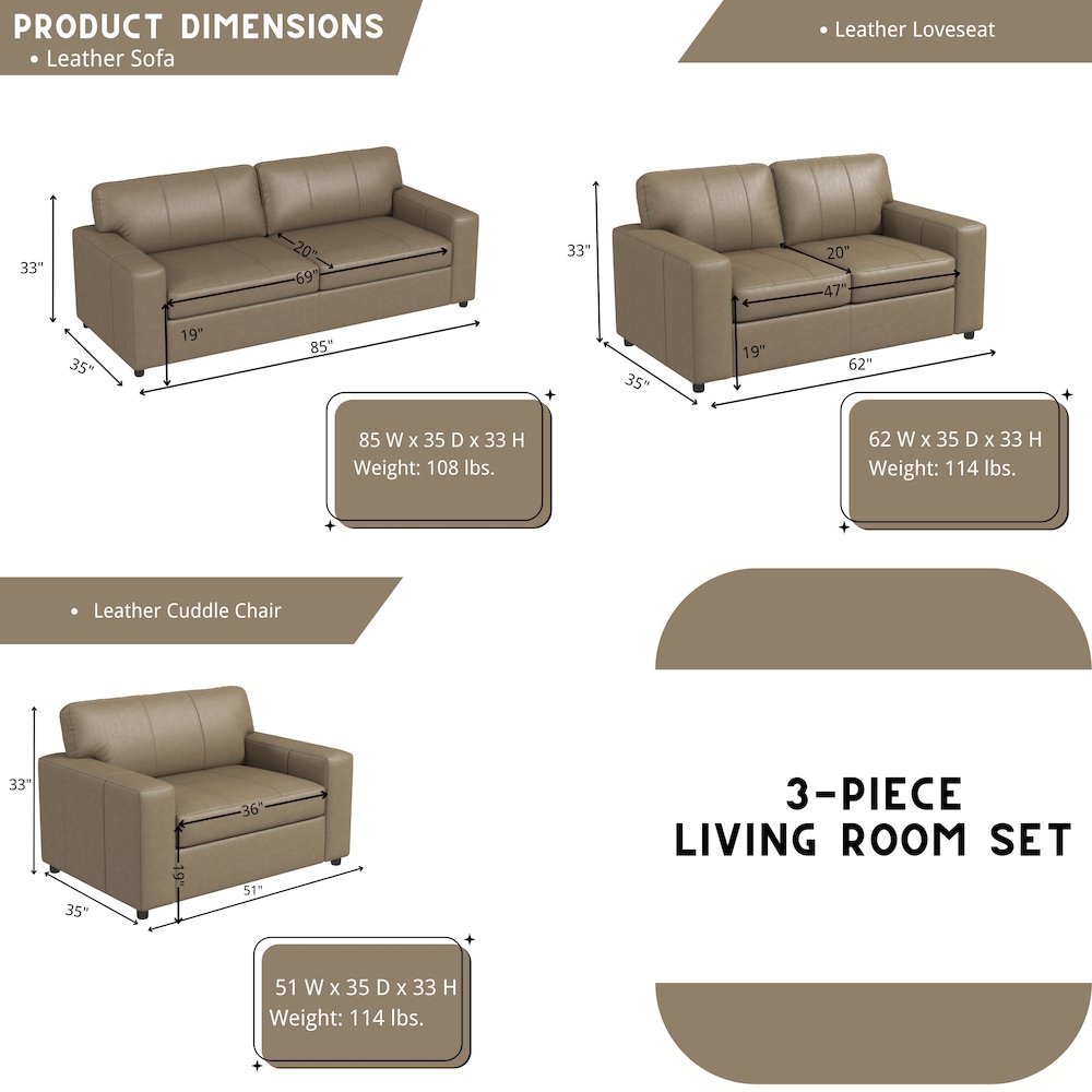 Sakan Leather 3-Pc Living Room Set, Sofa Loveseat and Chair, Beige. Picture 14