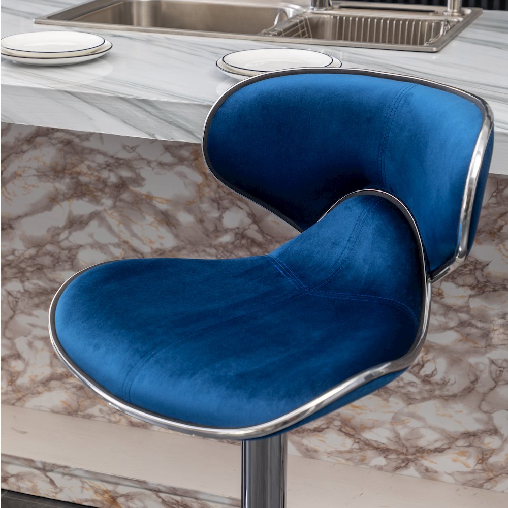 Masaccio Velvet Upholstered Adjustable Swivel Barstool, Set of 2, Blue. Picture 9