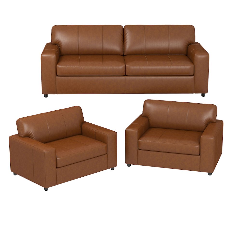 Sakan Leather Upholstered 3-Piece Living Room Set, Sofa and 2 Cutler Chairs. Picture 1
